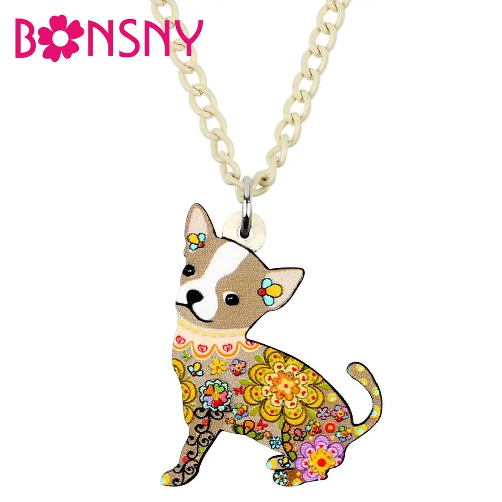 

Bonsny Acrylic Sitting Yellow Flower Chihuahua Necklace Pendant Chain Collar Pet Jewelry For Women Girls Charms Gift Wholesale