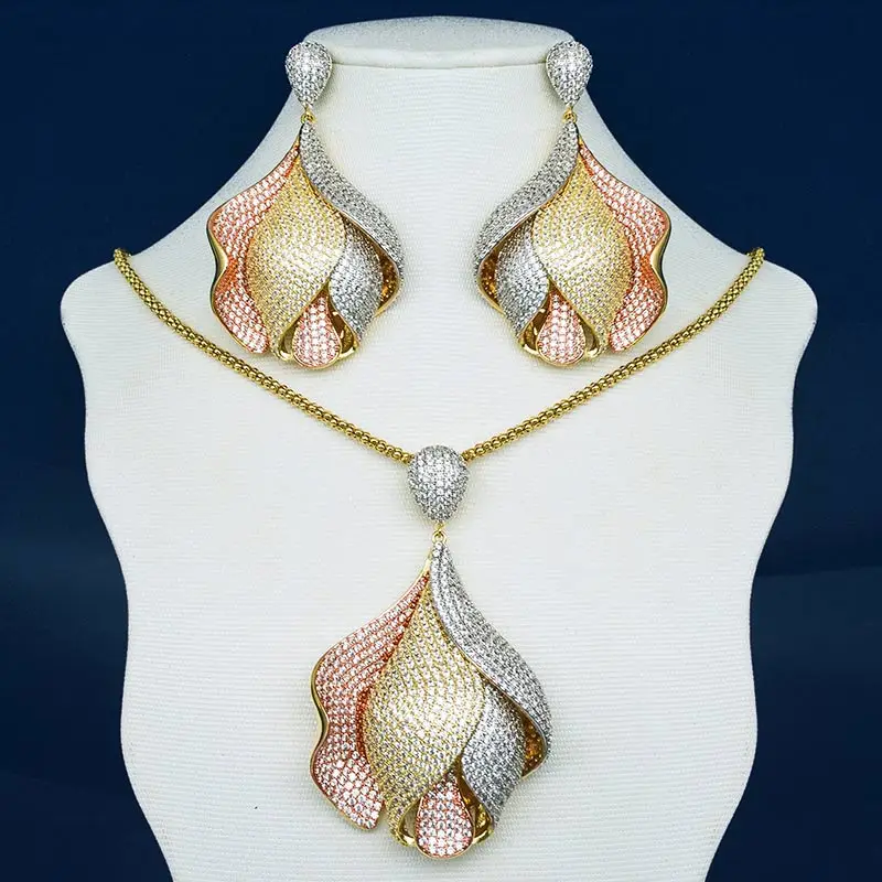 

ModemAngel Luxury Flower Rose Micro Cubic Zirconia Women Bridal Dress Wedding Everyday Necklace Earring Fashion Jewelry Set