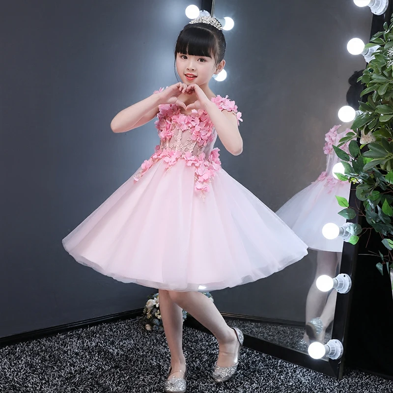 

Appliques Flower Girl Dress Knee-Length Pink Princess Dresses Children Ball Gown Summer Wedding Dress Evening Party Gown E221