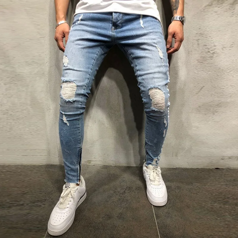 

MJARTORIA 2019 Men Knee Holed Spandex Casual Skinny Striped Street Style Side Stripe Slim Fit Fashion Full Length Soild jeans