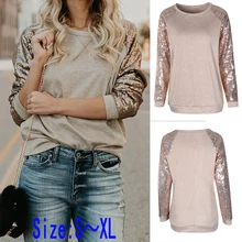 Женская футболка с пайетками футболка с длинными рукавами Повседневная Свободная футболка с круглым вырезом