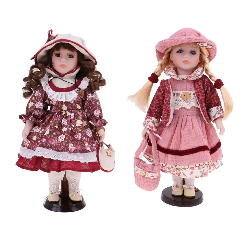 2Pcs 30cm Victorian Porcelain Doll with Dress Set & Wooden Stand Home Display Decoration