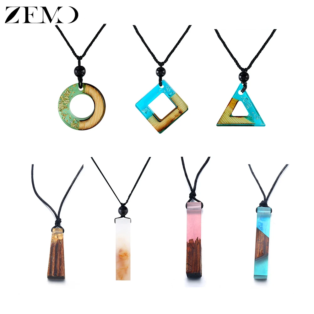 

ZEMO Wood Resin Rectangle Women Pendant Necklace Long Rope Chain Geometric Vintage Pendant Necklace Women ollares largos de moda