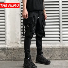 Черные мужские брюки для бега с большими карманами,, хип-хоп стиль, повседневные, по щиколотку, мужские облегающие брюки-карандаш, уличная одежда GW029