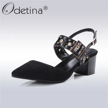 

Odetina 2019 Fashion Street Style Pumps Women Comfortable Chunky Heels Buckle Strap Shallow Pointed Toe Shoes Summer Big Size 43