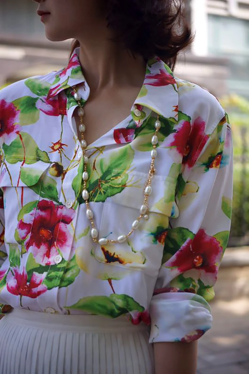 Ladies 100 silk green flower print long sleeve blouse women shirt