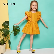 SHEIN Kiddie/желтое милое платье с рюшами для маленьких девочек г. Летние расклешенные Детские платья без рукавов
