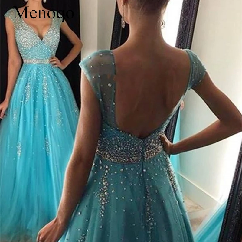 Menoqo Vestidos De Festa платья для выпускного вечера с v-образным вырезом без рукавов Тюль Кристалл А-силуэт Длинные вечерние платья W1701167