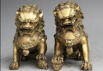 

YM 311 Folk China Chinese Fengshui Brass Foo Fu Dog Guardion Lion Animal Statue Pair