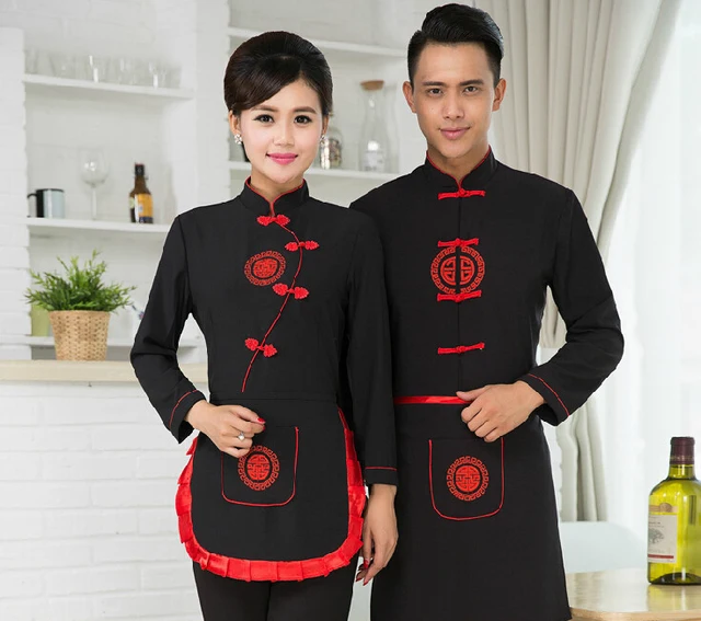 Top+Apron Black Chinese Restaurant Waiter Uniforms Long Sleeve Hotel