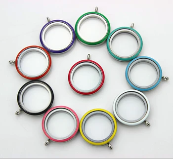 

Free shipping!10pcs different mix colours enamel 30mm round plain stainless steel screw glass memory floating locket pendant