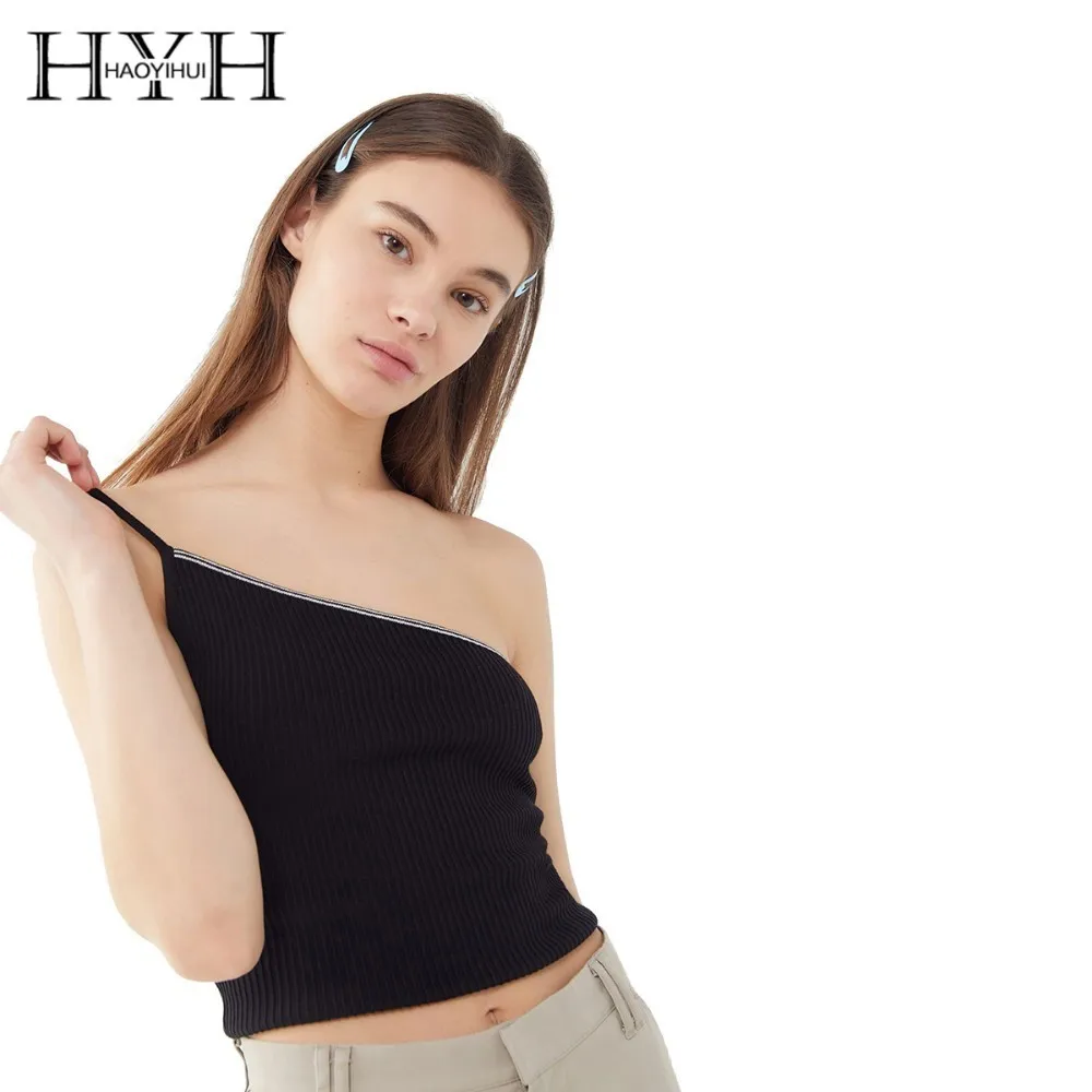 

HYH Haoyihui Black Personality Type Asymmetric Cultivate One's Morality Backless Femme Ribbed One-Shoulder Cropped Cami