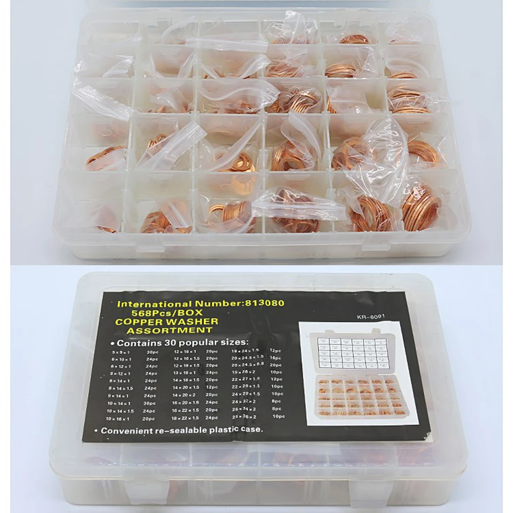 Details about   568Pcs 30 Sizes Washers Red Copper Flat Ring Gaskets Assortment Set with box S 
