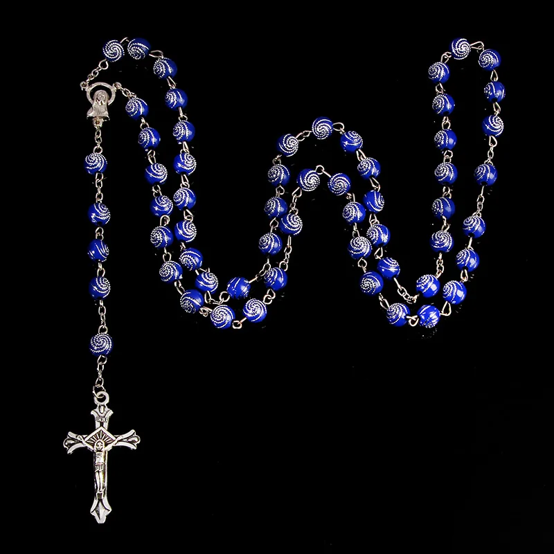 Classic 8MM Spiral Plastic Rosary Necklace, Santa Maria Prayer Necklace, Christian Cross Necklace Religious Jewelry - Окраска металла: 2