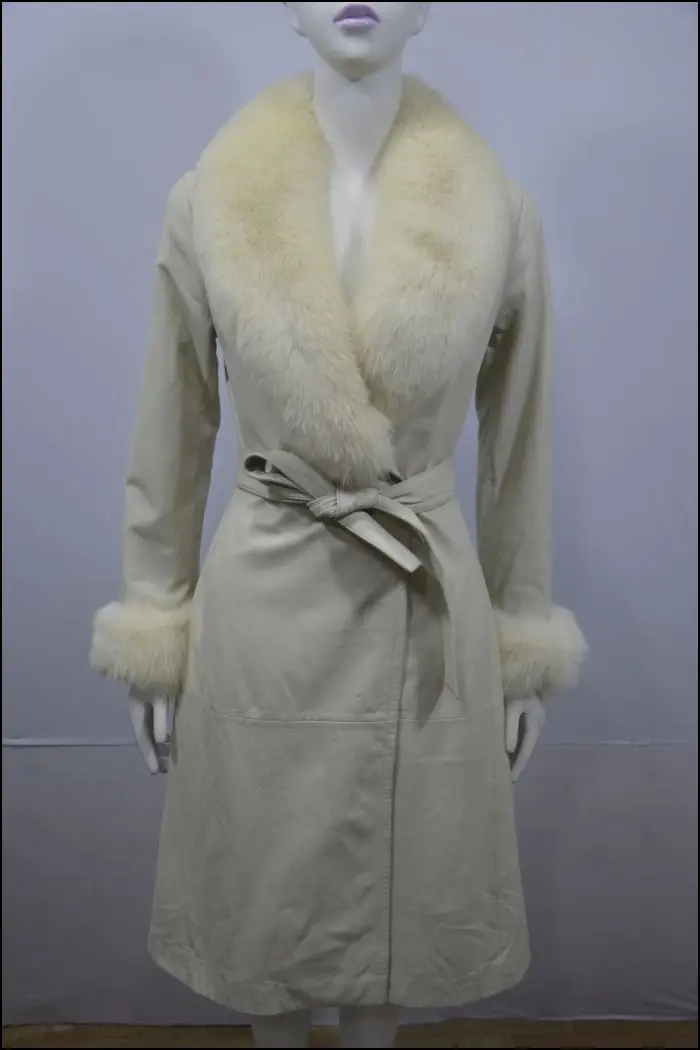 

Women's genuine sheepskin leather coat with large real fox fur collar lady female winter autumn jacket clothing ivory off white