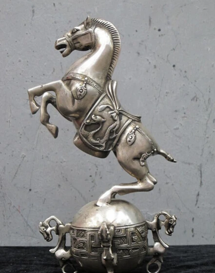 

Collectible bronze S2255 9" Chinese Folk Hand Made Silver Copper statue Horse stepped dragon ball Ping An B0403