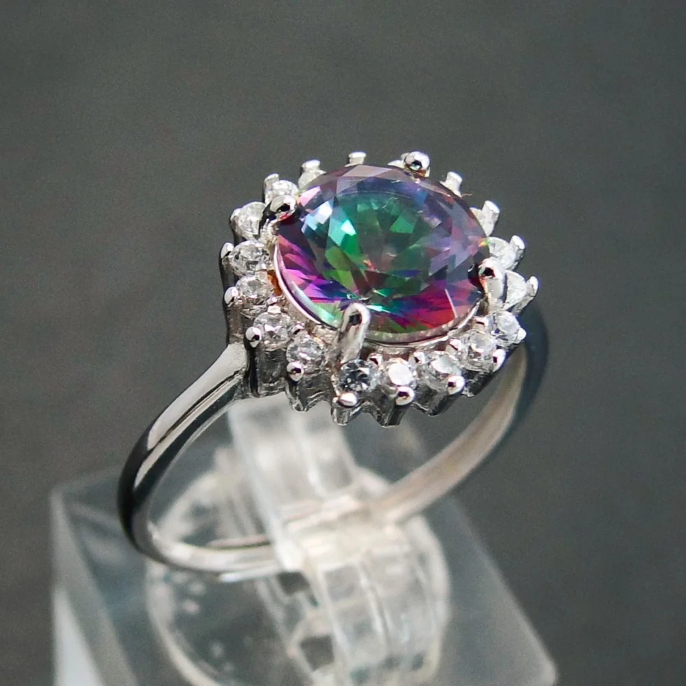 925 Sterling Silver Rainbow Mystic Topaz Gemstone Rings 8X8MM Round Trendy Engagement Wedding Ring Fine Jewelry for Women