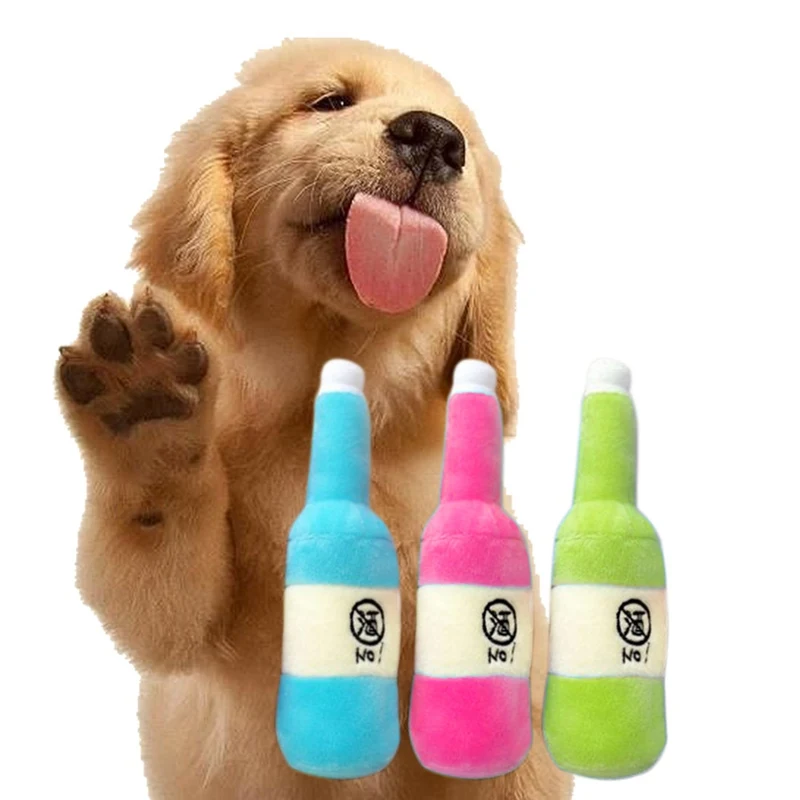 Creative Beer Bottle Small Doll Pet Plush Toy Sound Play Dog Toys For