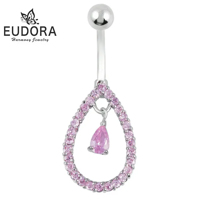 

EUDORA Fashion Sexy Pink Crystal Stone Anti Allergy Simple Lounger Titanium Dangle Ring Nail Belly Button Ring Navel Piercing