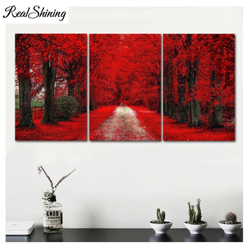 Алмазная вышивка Triptych 5d с красными лесными деревьями diy алмазная живопись