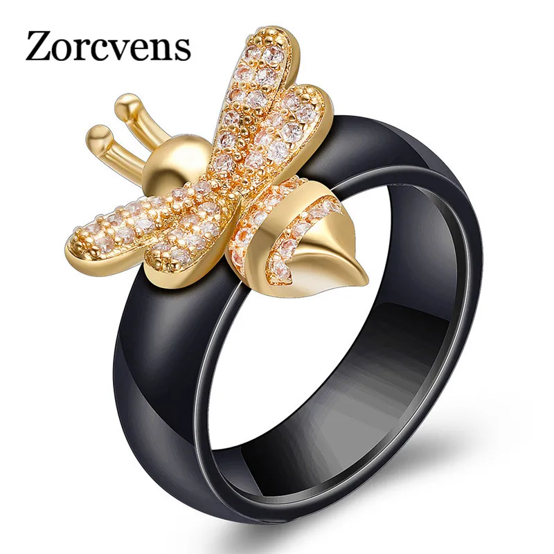 

ZORCVENS New Fashion Engagement Ring Crystal Bee Rings For Women Black and White Ceramic Wedding Design Gold Jewelry Gift