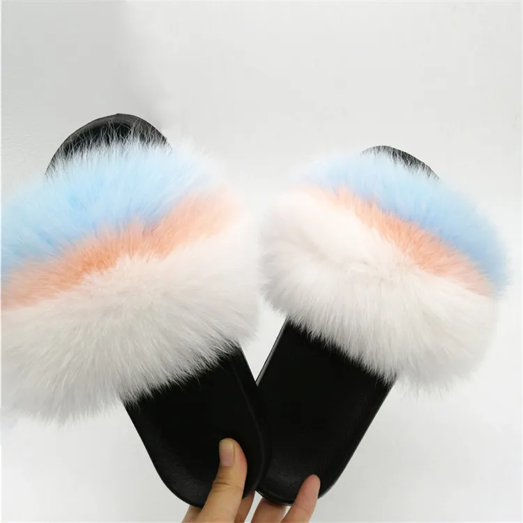 Women Fox Fur Slippers Real Fox Fur Slides Lovely Plush Slippers Woman Summer Home Sandals Women Fur Slides Furry Flip Flops Hot