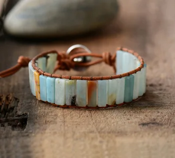 

New Bohemia Bracelet Amazonite Single Vintage Leather Wrap Bracelet Semi Precious Stone Beaded Cuff Bracelet Dropshipping