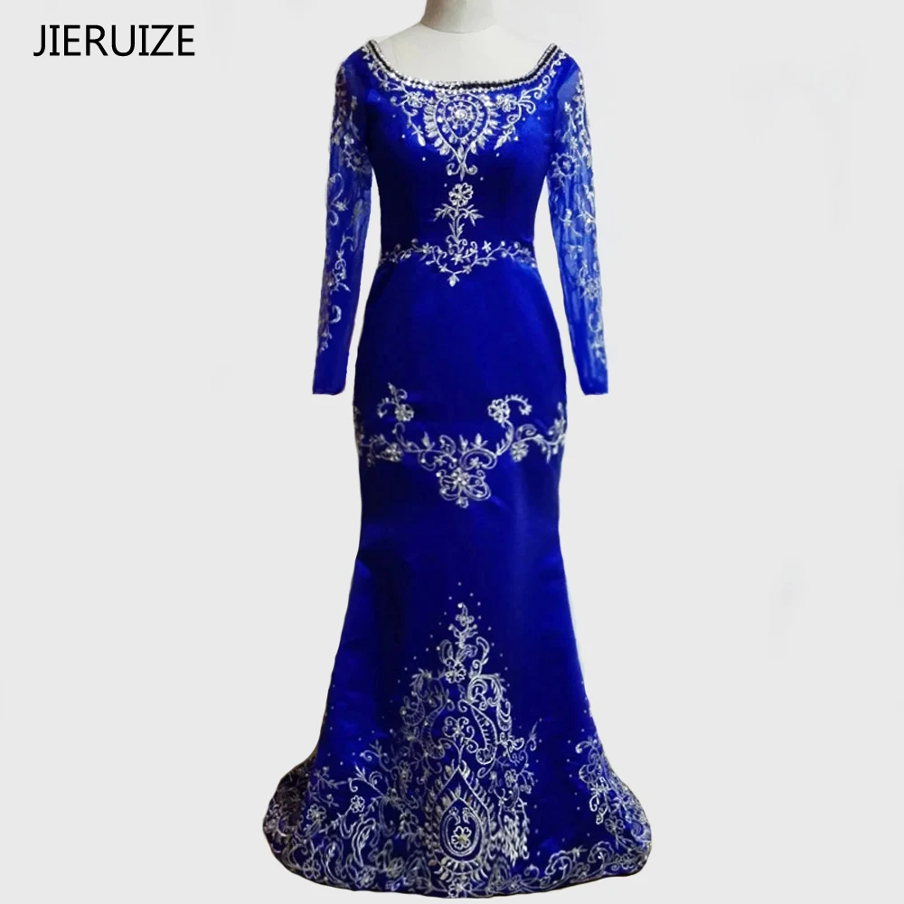 JIERUIZE Royal Blue Long Sleeves Mermaid Luxury Evening Dresses