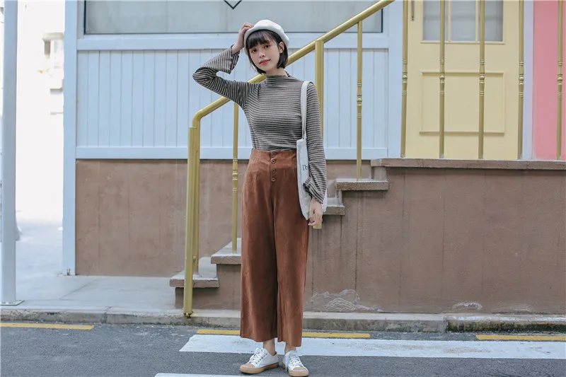 Женские брюки из плотной замши на осень и зиму,, японский стиль, винтажные однобортные брюки с высокой талией, широкие брюки, Палаццо
