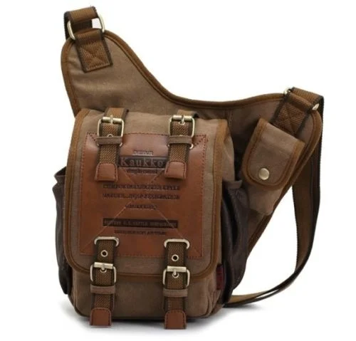 

FiveloveTwo Men's Canvas Leather Shoulder Military Messenger Sling school Travel Hiking Bag