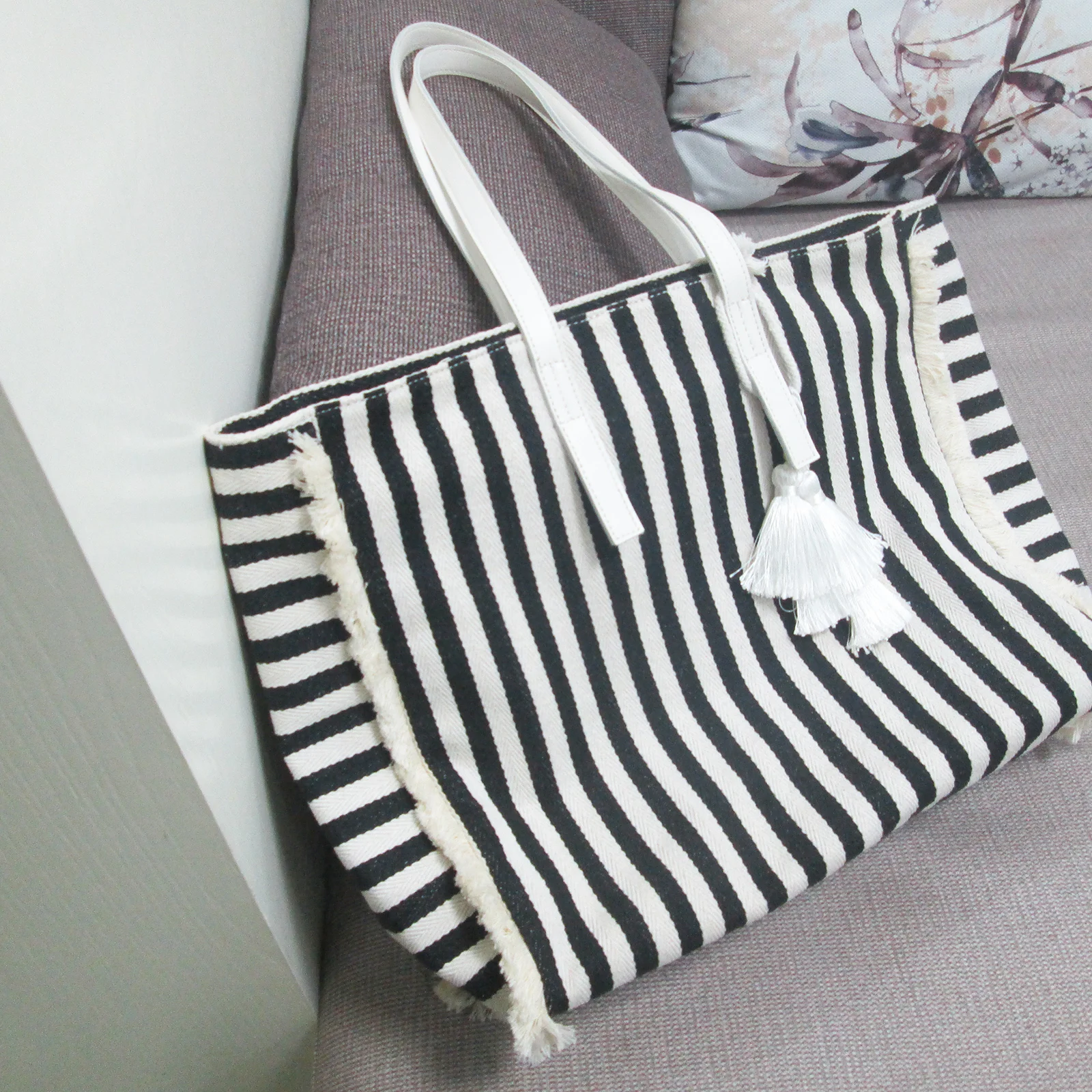 المعتاد قماش حمل حقيبة المرأة عارضة كبيرة قدرة النسيج الأعلى مقبض حقيبة الإناث مخطط هامش اليومية يد الوسام حقيبة المتسوق