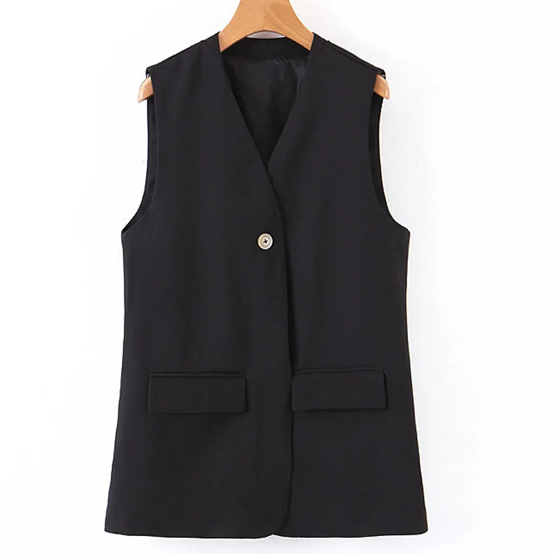 

Fandy Lokar Solid Black Vests Women Fashion Pockets Sleeveless Vest Women Elegant Buttons Vests Female Ladies GV
