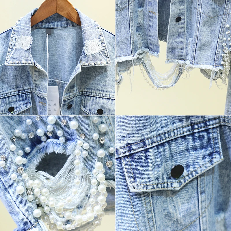 price cut  Autumn Streetwear Pink White Women's Jeans Jacket Coat Beading Hole Short Female Denim Jackets Long