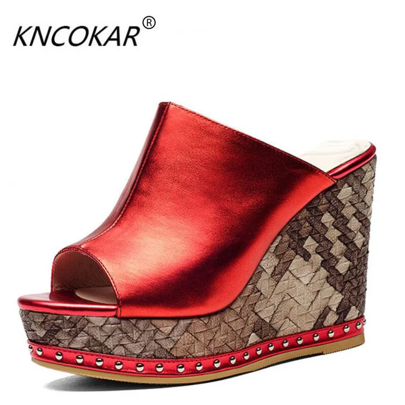 

KNCOKAR "Fashion cool and thick bottom slope and inside and outside whole leather leisure leather sandals super heel"