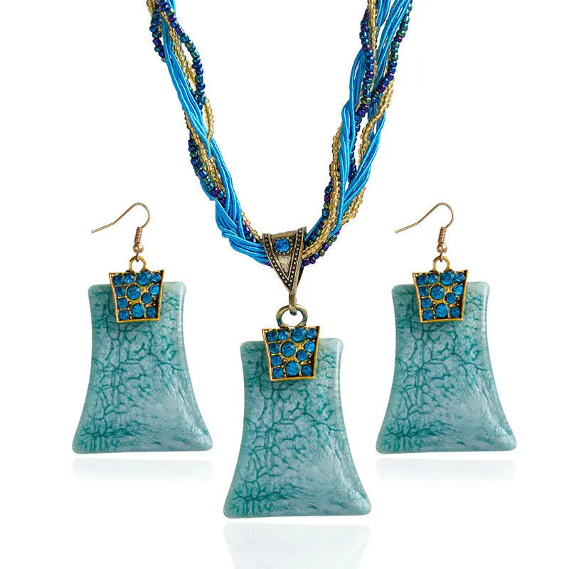 

F&U Vintage Jewelry Set Retro Bohemia Geometric Style Multi layers Beads Chain Resin Stone Pendant Necklace And Earrings Women