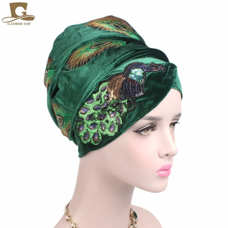Элегантный с блестками Павлин Вышивка очень длинный бархатный тюрбан головной убор нигерийский тюрбан стильный головной шарф для женщин Африка хиджаб