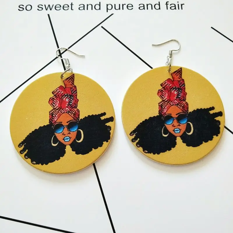 

THRWELL African Retro Wooden Round Earring Female Figure Earring Sculpture Printing Personality Boisterous Ear Jewelry