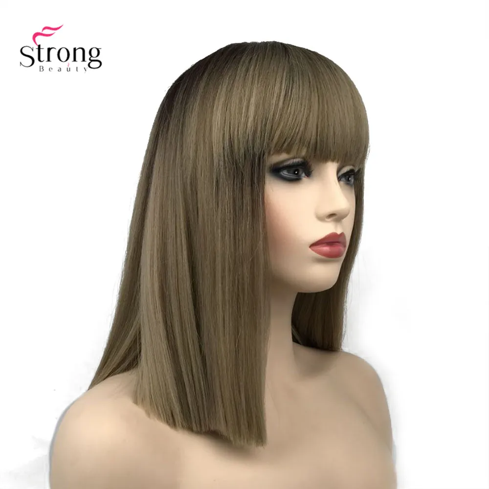 

StrongBeauty Women's Synthetic Wig Ombre Hair Natural Neat Bang Hairstyle Golden Brown Long Straight Wigs