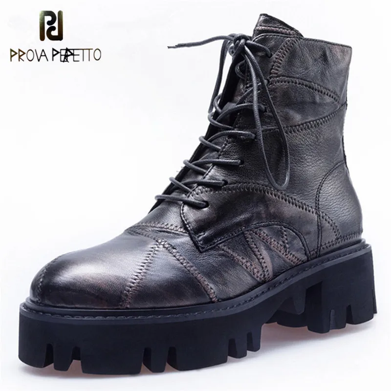 

Prova Perfetto New Style Round Toe Motorcycle Boots Women Thick High Heels Short Boots Genuine Leather Corss-tied Martin Boots