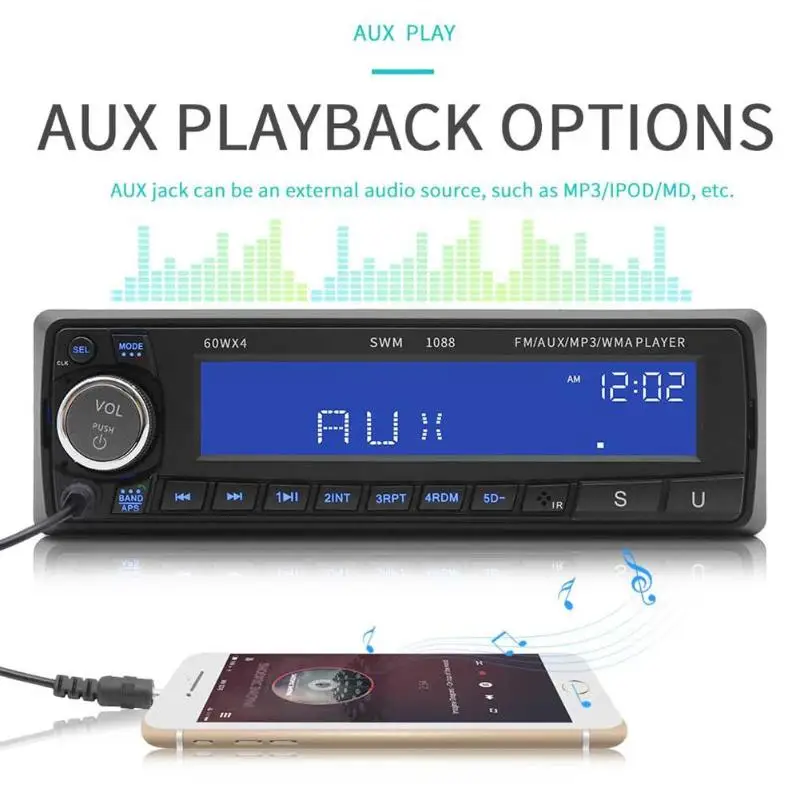 1din автомобильный стерео SWM 1088 MP3 плеер FM Радио BT AUX USB2.0 с пультом дистанционного управления автомобильный стерео плеер Отображение времени без потерь музыка