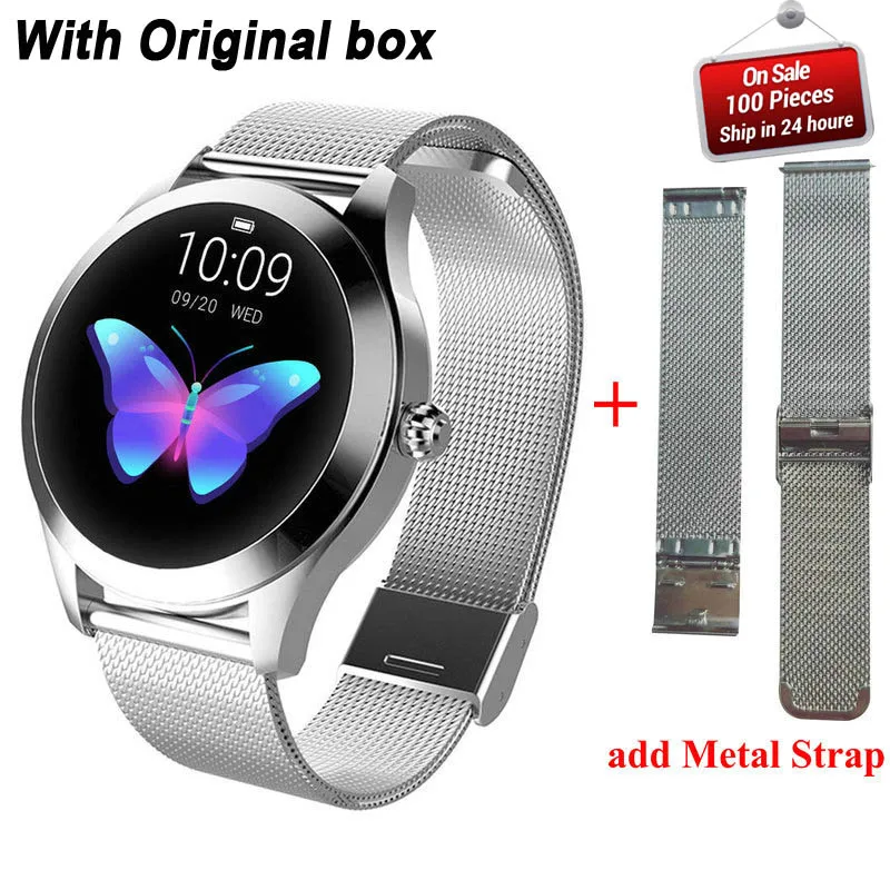IP68 Водонепроницаемые Смарт-часы KW10 для женщин мониторинг сердечного ритма Bluetooth для Android IOS фитнес-браслет умные часы - Цвет: Add steel strap