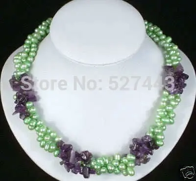 

Wholesale p&p Charming 3 rows Green Pearl Amethyst beads Necklace