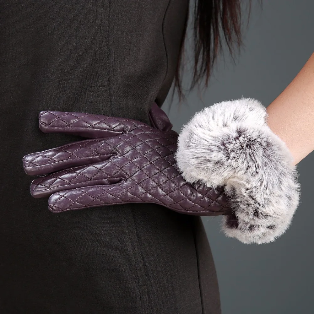 Бренд, утолщенные перчатки, зимние женские теплые рукавицы из искусственной кожи с кроличьим мехом для женщин
