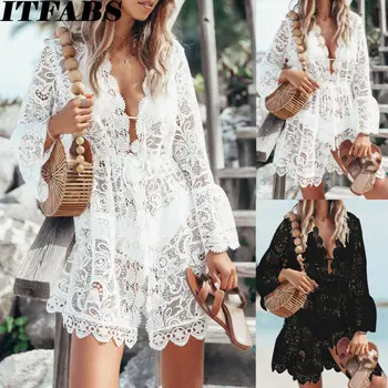 

Brand New Women's Sheer Bikini Cover Up Swimwear Swim Bathing Suit Summer Beach Mini Dress V Neck Beach Wear Cover Up