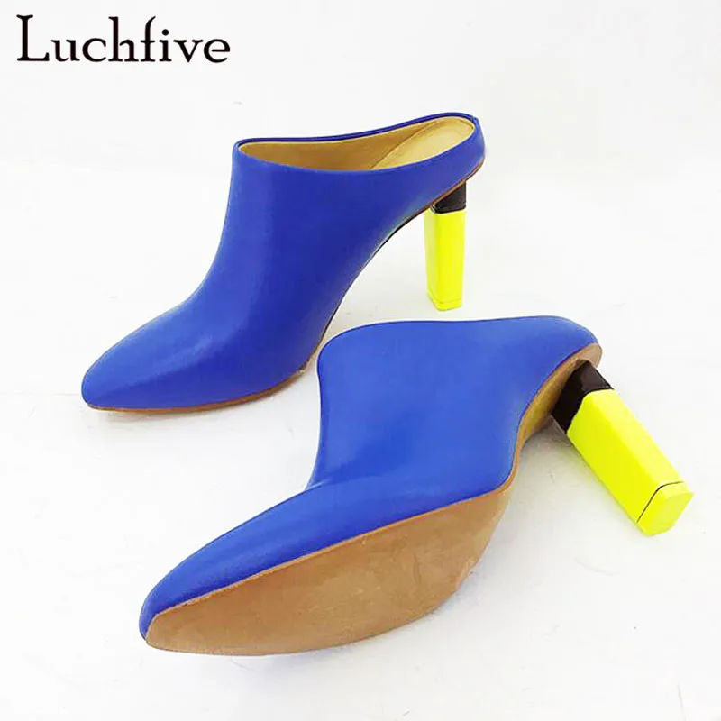 

2018 Black blue Women Shoes genuine Leather lighter high heels Mules Pointed Toe Slip-on Dress Party pumps summer sandals