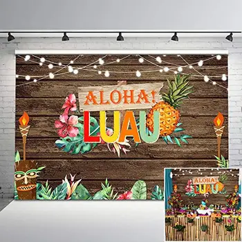 

NeoBack Hawaiian Luau Party Backdrop Aloha Vintage Wood Birthday Photo Background Tropical Flower Pineapple Tiki Mask Backdrops
