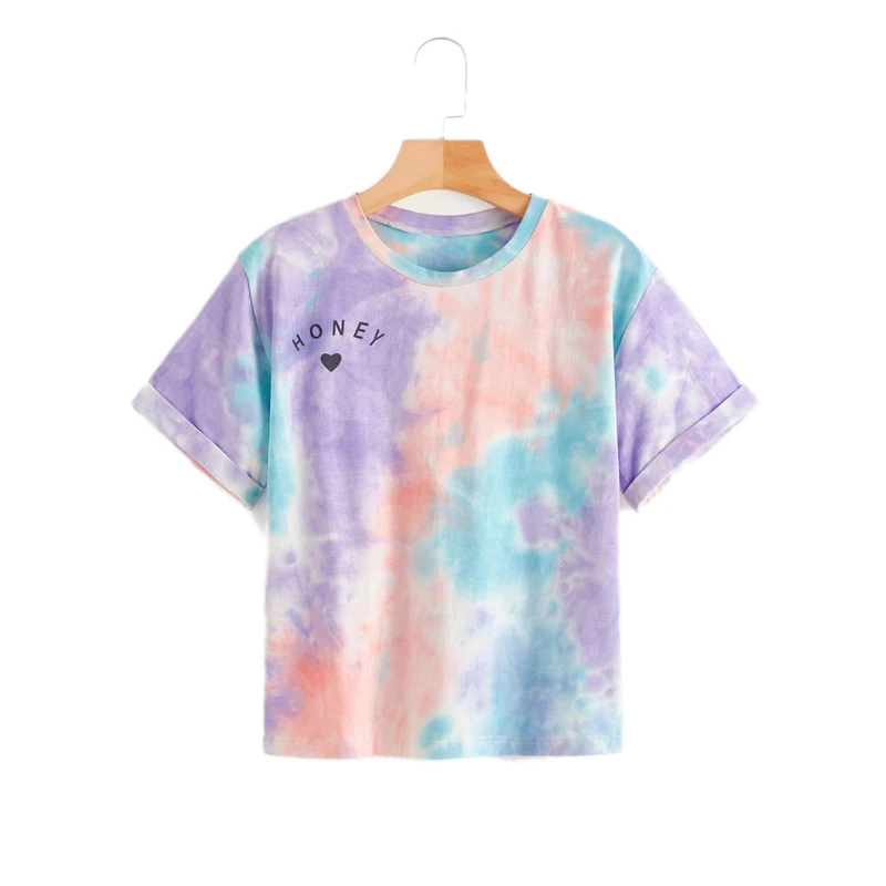 ROMWE, разноцветная футболка с надписью Tie Dye, женская летняя футболка, круглый вырез, короткий рукав, футболки в стиле бохо, Повседневная Уличная одежда, топы