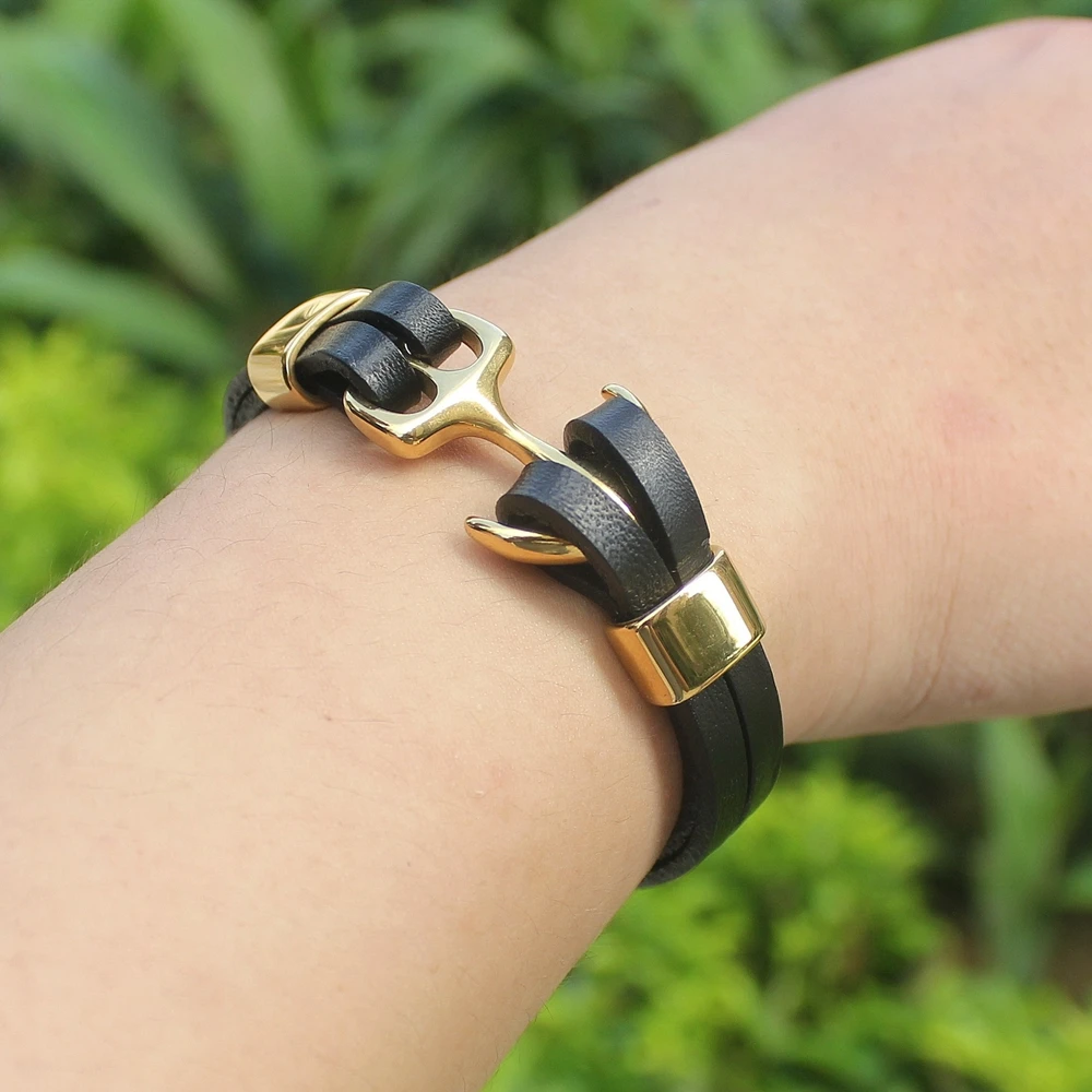 TYO Charm Bracelet Anchor Bracelet Pattern Gold & Steel Color Genuine Leather Bracelet For Birthday Party Gift Men Bangles 2019