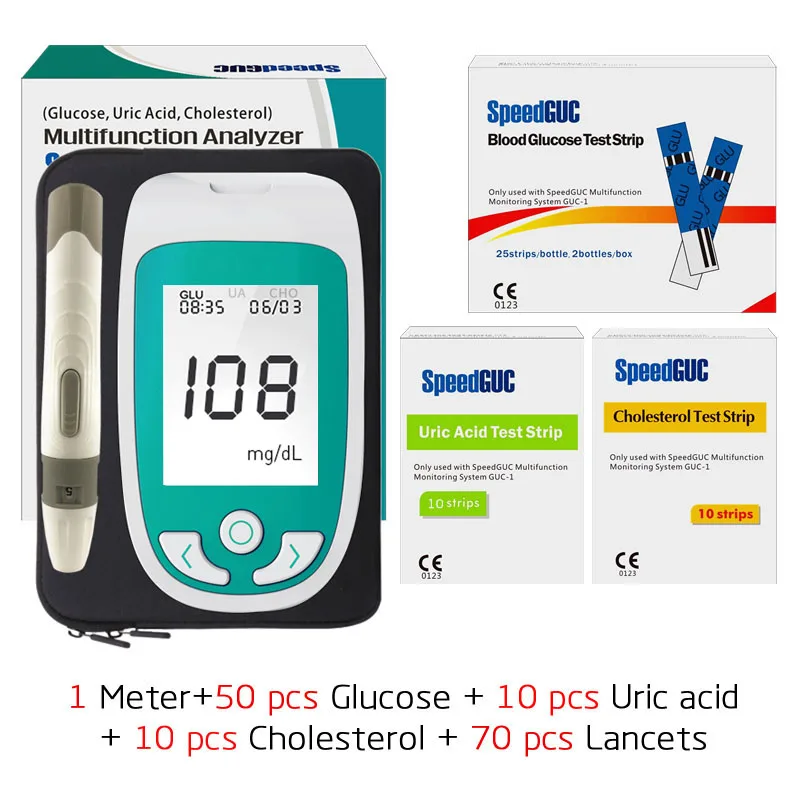 3в1 Многофункциональный анализатор, измеритель уровня глюкозы в крови, тестер холестерина и мочевой кислоты, прибор для измерения диабета с тестовыми полосками и ланцетом - Цвет: Meter Glu50UA10Cho10