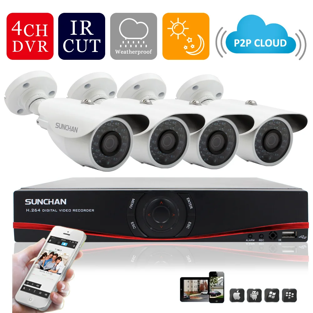 SUNCHAN AHD DVR 4CH HD AHD-M DVR 4pcs 720P 1200TVL AHD Outdoor Security Cameras 24 Leds Home Security System Surveillance Kits Wholesale Construction & Real Estate